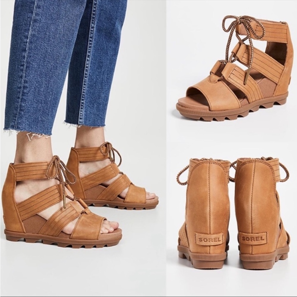 Sorel Joanie II Lace Wedge Sandal Camel Brown Size 5